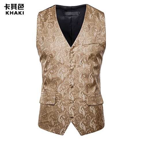 Heren klassiek paisley bloemen pak vest enkelrijs jurk gilet heren feest banket smoking chaleco hombre gilet homme: Khaki / Xxl