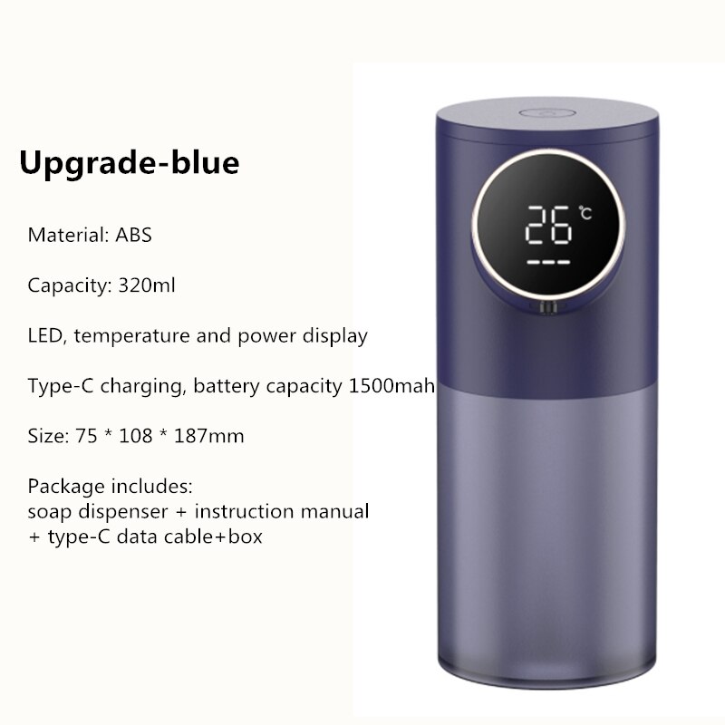Auto Liquid Soap Foam Dispenser Rechargeable With Temperature Display Touchless Sensor Smart Hand Sanitizer Machine for Bathroom: Upgrade-blue