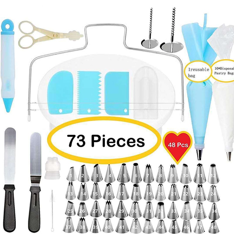 73pcs/set Cake Decorating Set Baking Tool DIY Silicone Bags Couplers Scrapers Flower Kitchen Cake Turntable Decorating Mouth Kit