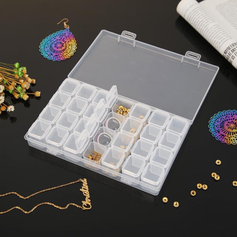 28 gitter gjennomsiktig beholder diamant maling tilbehør oppbevaringsboks plast sminke arrangør smykker perler display holder