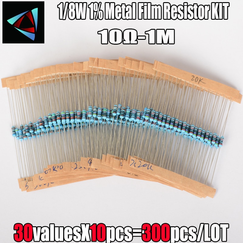 Kit de résistances à Film métallique, anneau de couleur, résistance 10R-1MR, ensemble assorti de 30 valeurs, 300 pièces, 1/8W 1% 10 ohm - 1M ohm 0.125W