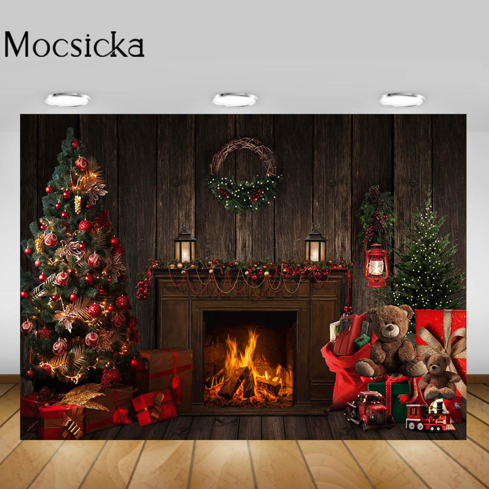 Mocsicka Wood Wall Fireplace Photography Backdrops Christmas Tree Toy Kid Birthday Photo Background Photo Studio Photoshoot
