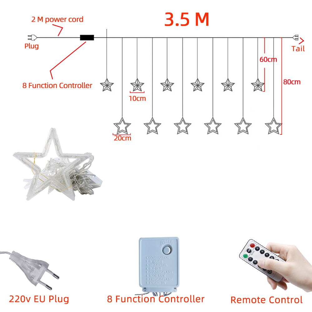 220V Curtain LED String Light Fairy Icicle 2.5M Star Christmas Garland Wedding Party Window Outdoor Year Decorat Light