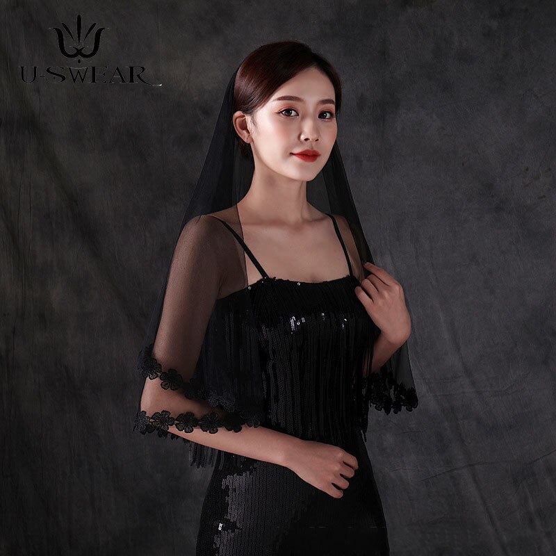 Retro Gothic Simple Muslim Bride Lace Veil Black Tulle Dress Women 1 Layer Short Black Wedding Veils Black Veil Bride Lace