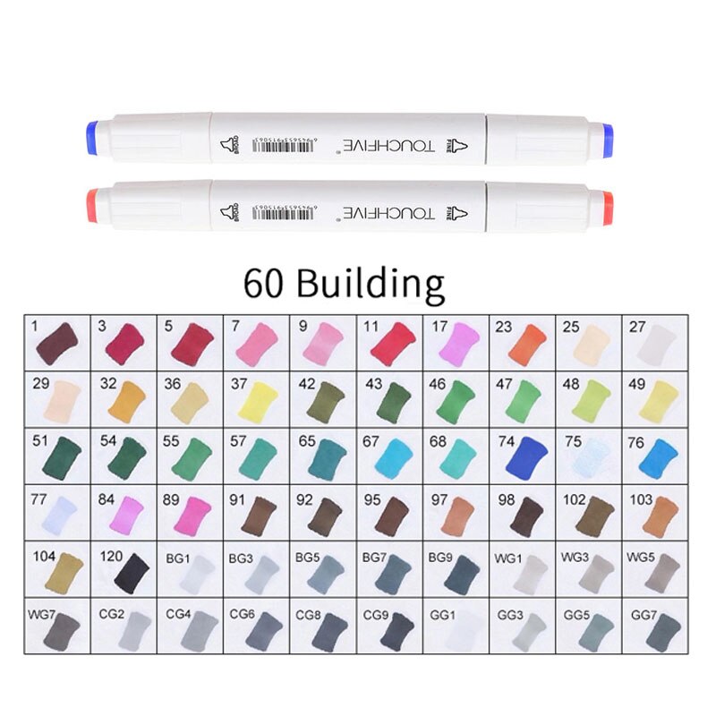 TOUCHFIVE 60 Colors Pen Marker Set Dual Head Sketch Markers Cheap Alcohol Marker Pen For Draw Manga Animation Art Supplie: 60-building-white