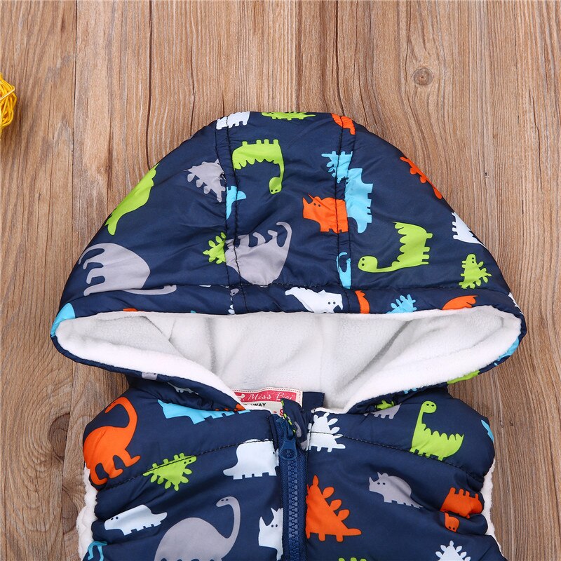 Kleine Jongen Buitenste Dragen Hooded Vest Herfst En Winter Warm Dinosaurus Gedrukt Rits Open Jacket