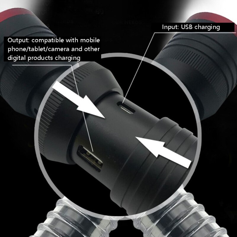 USB Rechargeable Zoom 10W LED Flashlight with Magnet Red Emergency Camping Hiking As Power Bank Flashlight