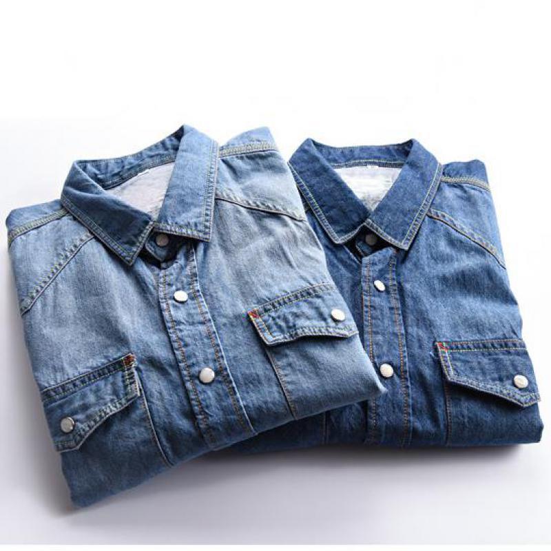 Camisas Vintage de para hombre, pantalones vaqueros azul claro con cuello, camisa informal para otoño, ropa de calle de primavera, tops vaqueros de manga larga de algodón