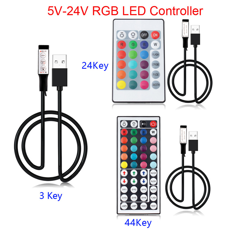 LED RGB Controller 5V 12V 24V USB Rgb Led controller 12v 3 24 44 Key IR RF remote controller for led strip