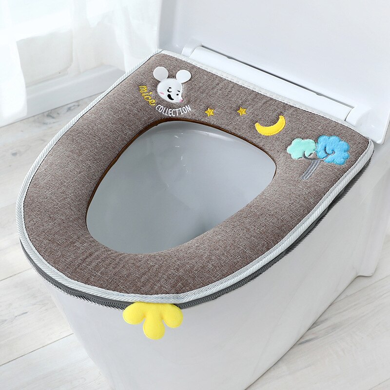 Bathroom Accessories Household Four Seasons Toilet Seat Gasket Washable Zipper Toilet Seat Universal Waterproof Cute Toilet Seat: Flax Brown