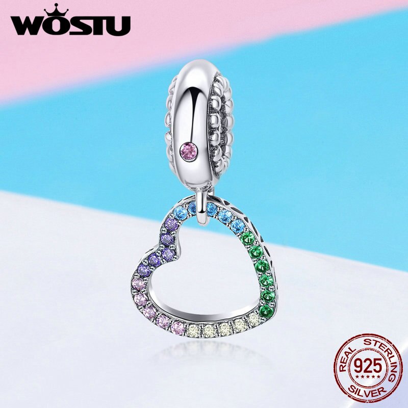 WOSTU-Colgante dijes de plata de ley auténtica con forma de corazón colgante dijes de arcoíris aptos para DIY, cuentas, pulsera, collar, joyería, para enamorados, FIC896