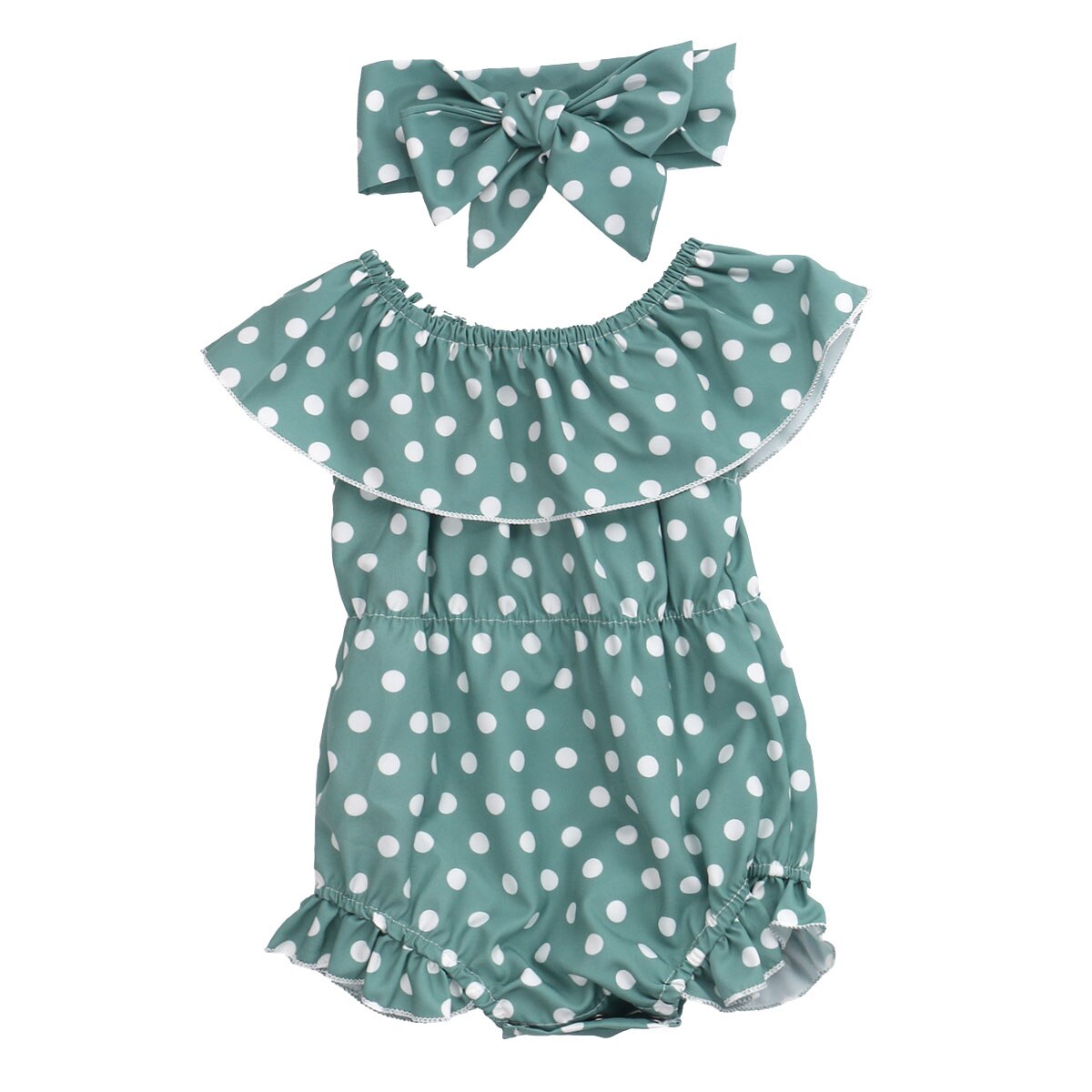 0-24m zomerse schattige babymeisjes-jongens-rompertjes met hoofdband, stippenprint, ruches, mouwen en jumpsuits: Groente / 6m