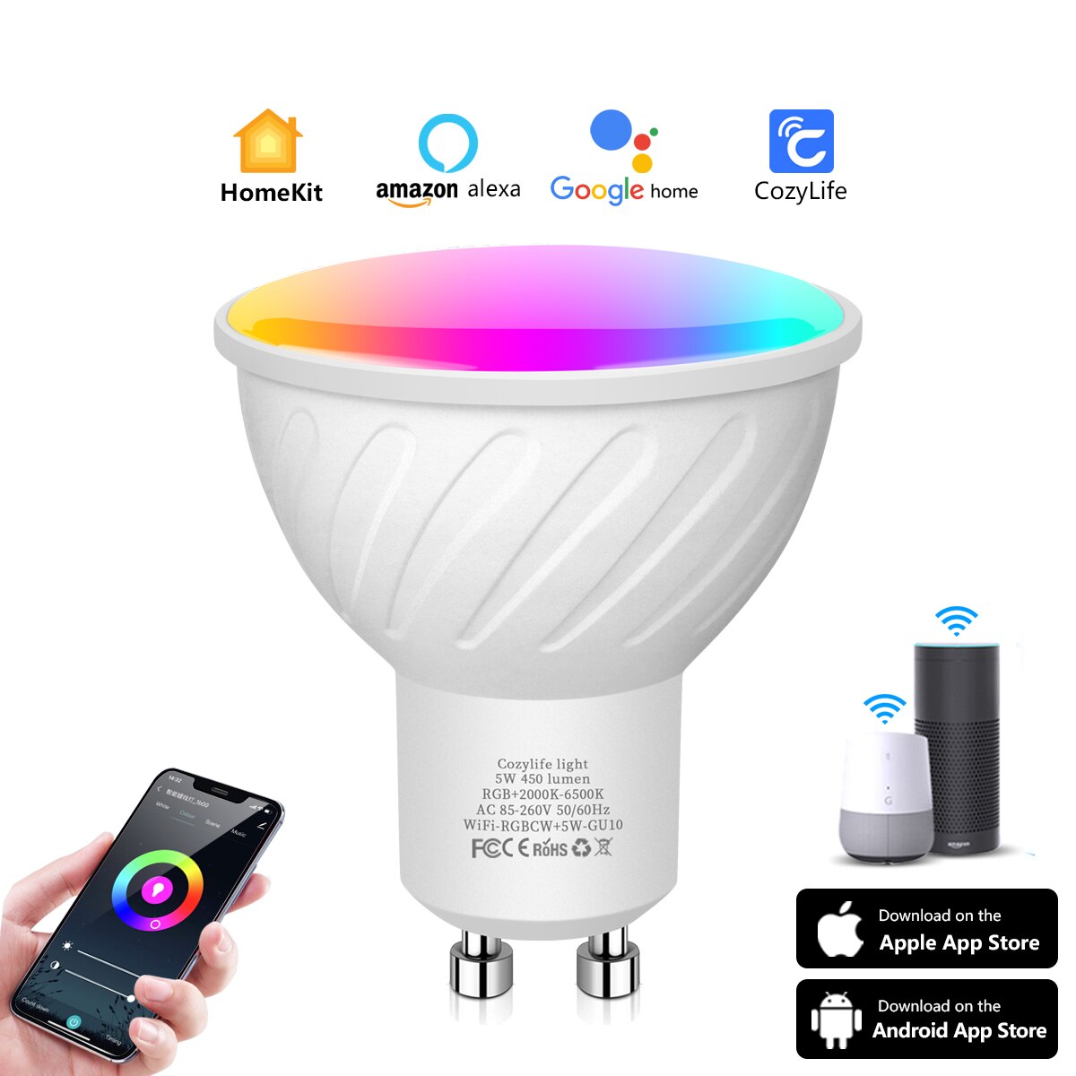 Smart WiFi LED light Bulb 9W lamp Compatible With Apple HomeKit Siri Alexa Google Assistant Dimmable E27 2700K-6500K RGB RGBW: GU10 5W / Light Bulb x 1