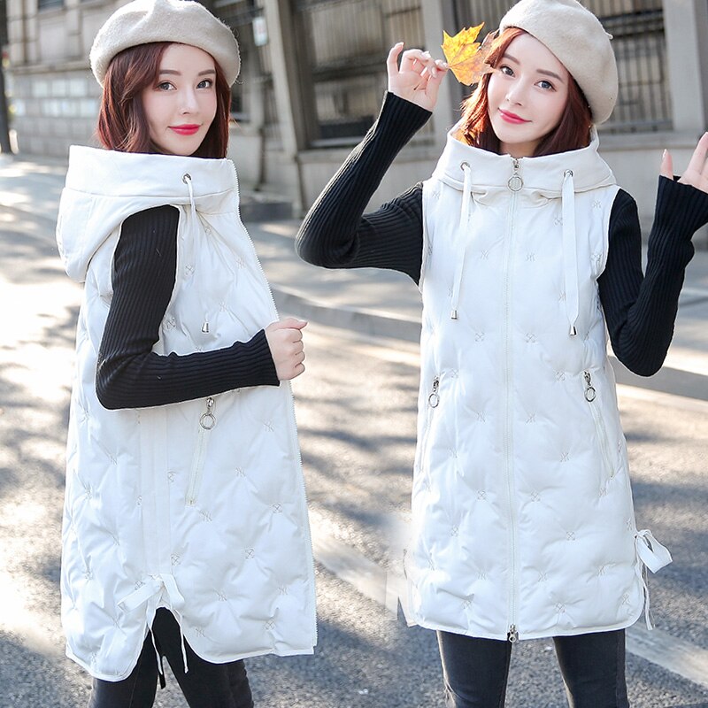 Veste chaude sans manches pour femme, veste matelassée avec broderie de Style coréen, hiver et automne: WHITE / M
