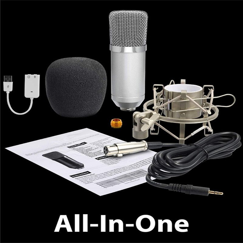 Cardioid Condenser Microphone XLR, (Noise Deduction) 360 Degree Uni-Directional Voice Recording with Mount &amp; Windscreen for PC,