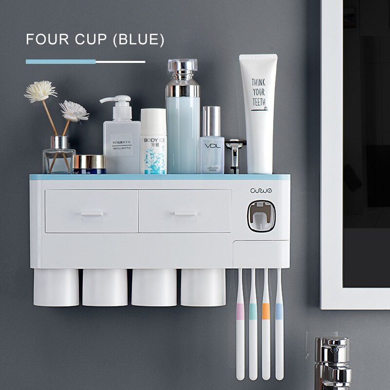 Bathroom Accessories Set Magnetic Adsorption Inverted Toothbrush Holder Automatic Toothpaste Dispenser Squeezer Storage Rack: Four Cups Blue