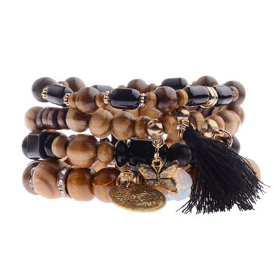 4 Colors Bohemia Wood Bracelets For Women Colorful Beads&Tassel&Butterfly Strand Bracelets Beaded Bracelet HXB025: 4