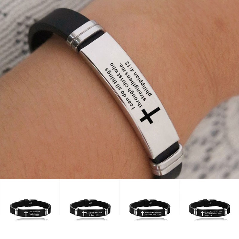 Cruz Biblia Cristiana hombres pulsera ajustable longitud pulseras de silicona pulsera escritura amor nunca falla joyería masculina
