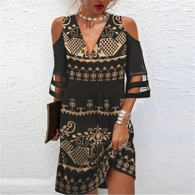 Frauen Weg Von Der Schulter Kleider Mesh Spleißen Halbe Hülse V-ausschnitt Pullover Kleid Eleganten Druck Weibliche Büro Pendler Kleid: XXL / green