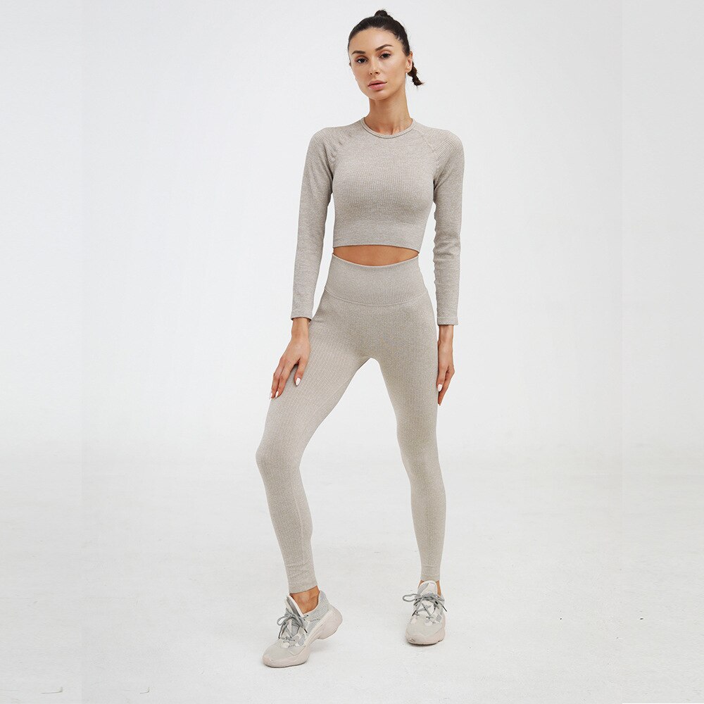 Vrouwen Naadloze Sporting Trainingspak Set Vrouwen Fitness 2 Delige Set Workout Sportkleding Vrouwelijke Hoge Taille Leggings Lange mouw Pak: Khaki / L