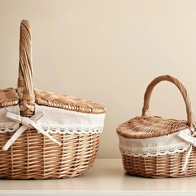 Cesta de Picnic de gran capacidad con tapa, cesta tejida de mimbre y bambú, contenedor de aperitivos para almacenamiento de frutas para el hogar, cesta de mimbre para exteriores