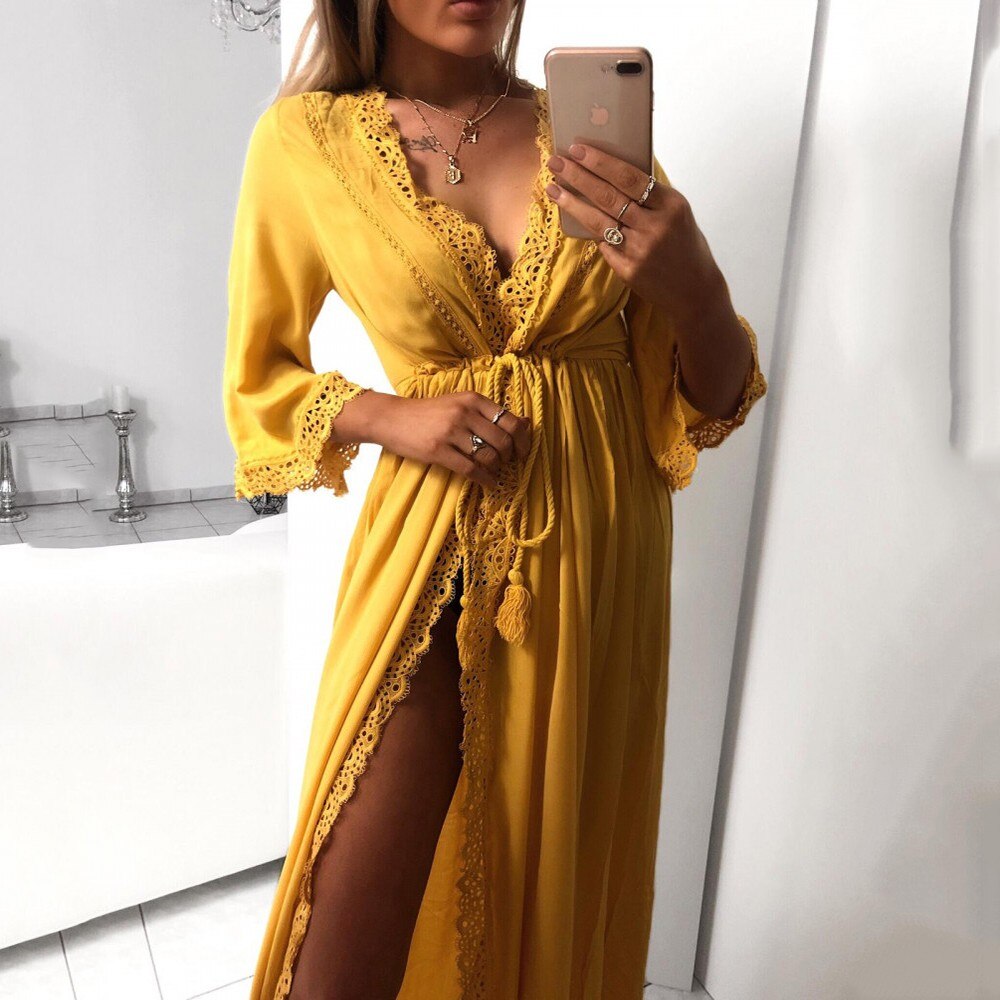 Lång dräkt dam strand kofta klänning mjuk sexig ihålig spets knyta midja slim fit casual lös sommarklänning maxi kvinnlig