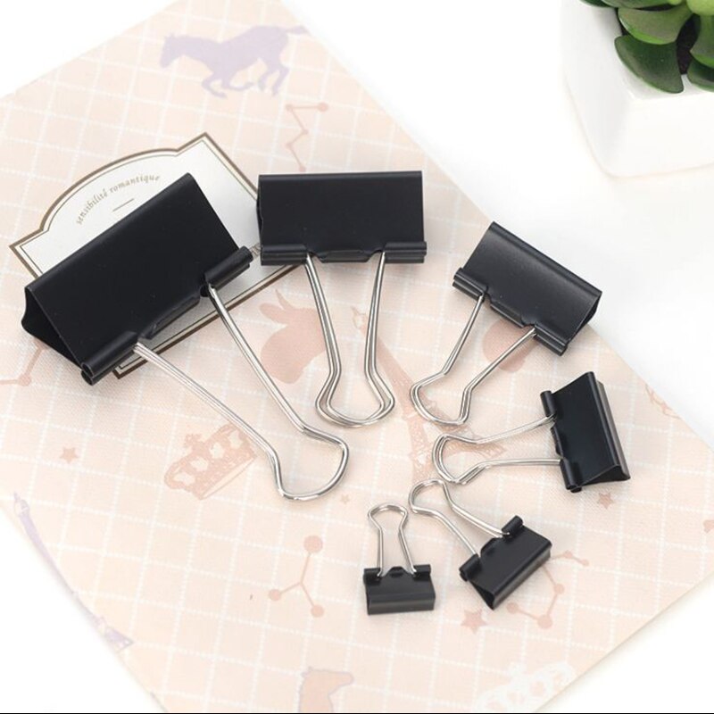 12PCS Metal Paper Clip Foldback Metal Binder Clips Black Grip Clamps Paper Document Office School Stationery Clip