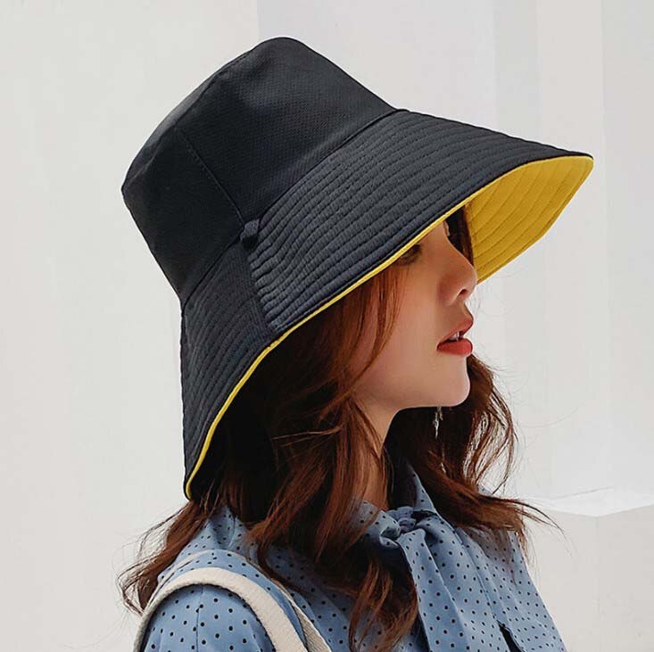 Cotton Double sided black yellow Bucket Hat Fisherman Hat outdoor travel hat Sun Cap Hats for Men and Women