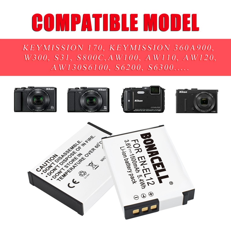 EN-EL12 Battery&Charger For Nikon Coolpix A1000, B600 Coolpix AW130 A900 W300 S1200pj S9900 S9500 S9300 S9200 S8200 S6300 S6200