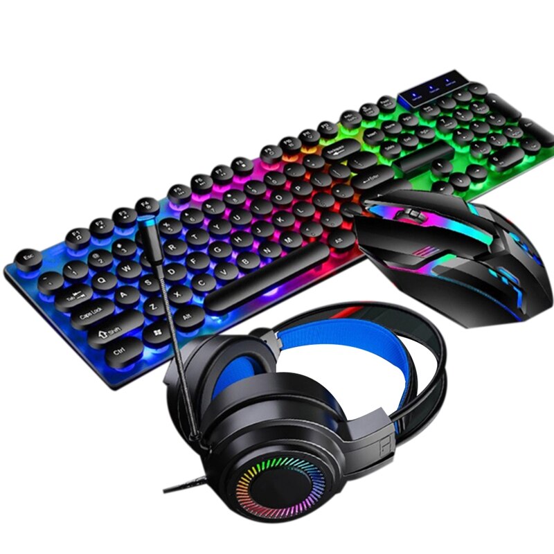 4 in 1 Keyboards Gaming Mouse &amp; RGB Headphones Wired Mechanical Keyboard Mouse Headset Kit for Laptop Computer: black