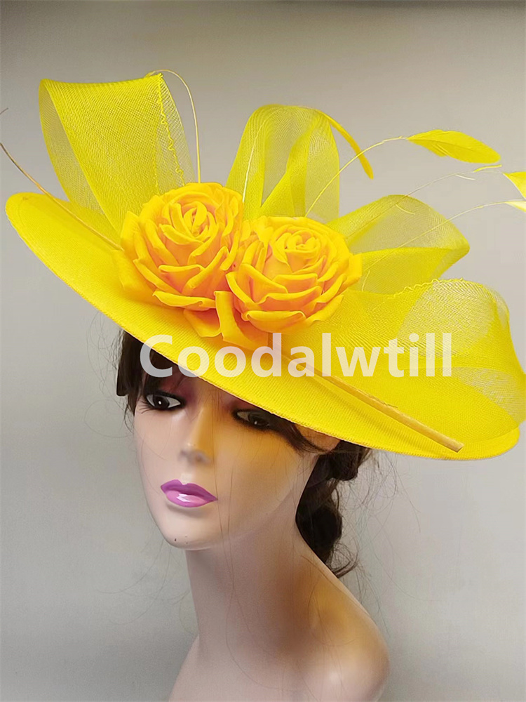 Grote Bloem Fascinators Hoed Hoofddeksel Vrouwen Kentucky Kerk Hoeden Dames Derby Veer Pillendoos Fascinator Hoeden: YELLOW