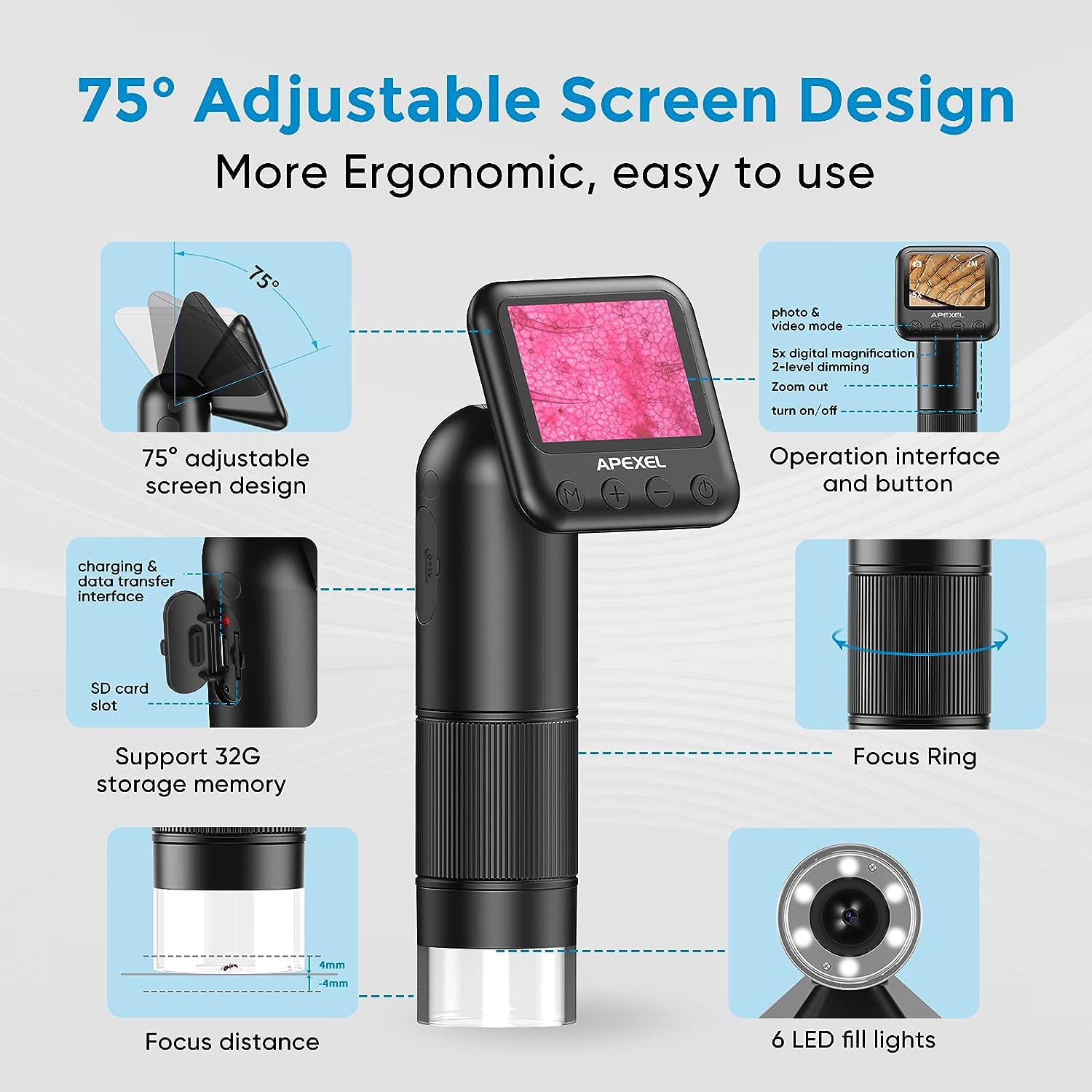 Microscopio digital portátil 800X HD para adultos, microscopio de bolsillo con pantalla LCD de 2 "para niños, equipo de microscopios digitales de laboratorio USB