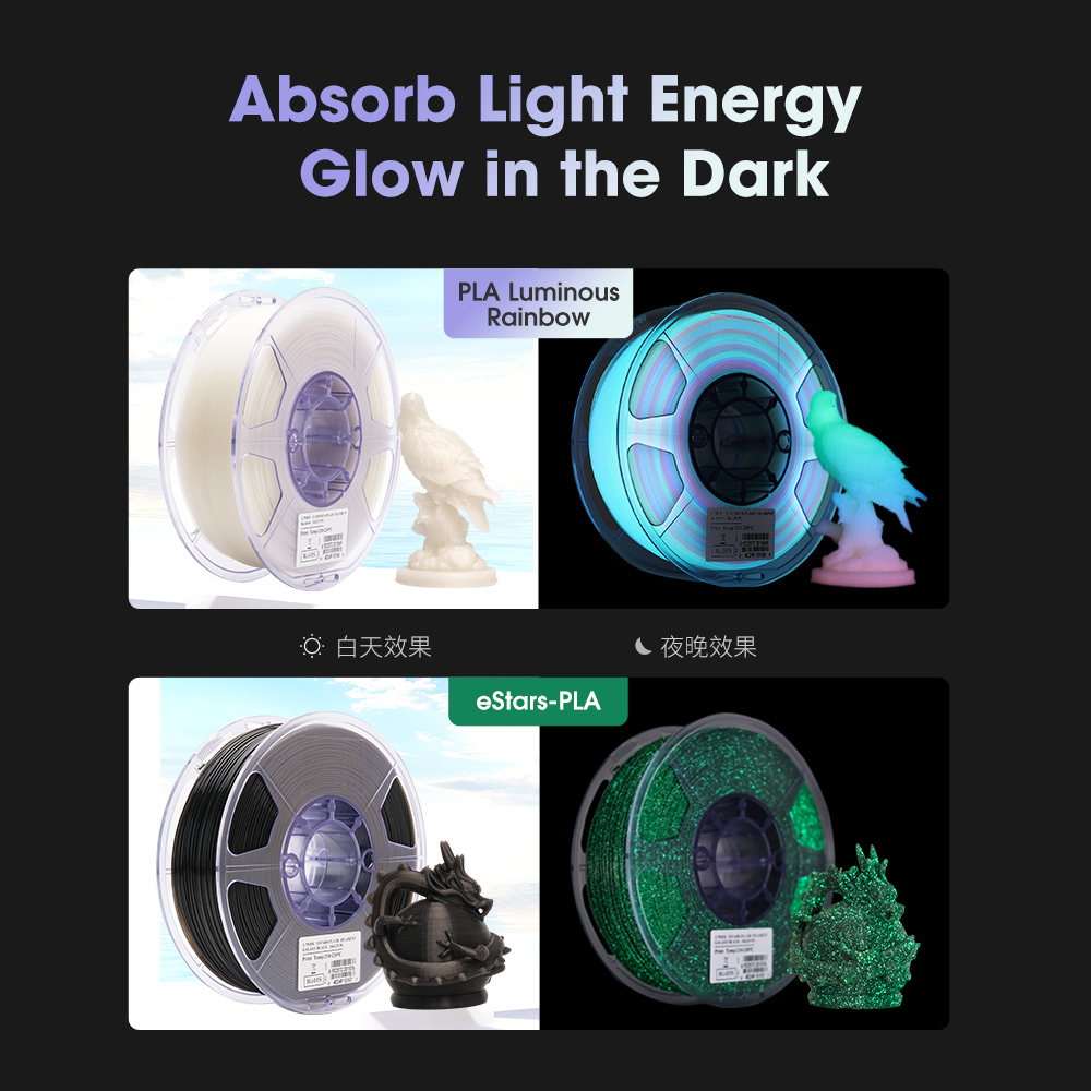 eSUN PLA Luminous-Rainbow eStars-PLA Filament 1.75mm Glow in the Dark Pla 1KG Spool Luminous 3D Printing Filament for 3D Printer