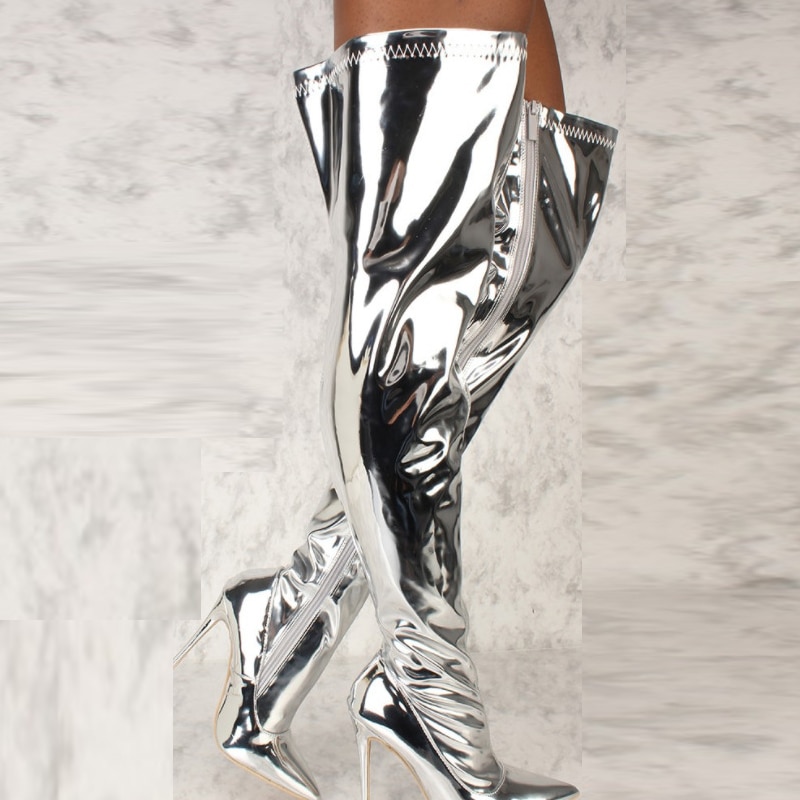 Bottes Punk à talons hauts et fins pour femmes, chaussures longues à plateforme miroir, bout pointu, au-dessus du genou, avec fermeture éclair, argentées, de fête, automne et hiver