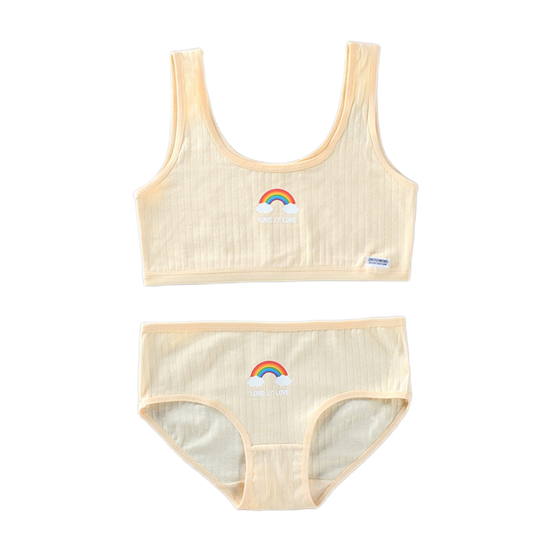 Teenage Young Girls 2 Piece Underwear Set Rainbow Bridge Print Cotton Training Bra Vest Top and Matching Panties Sports Bralette