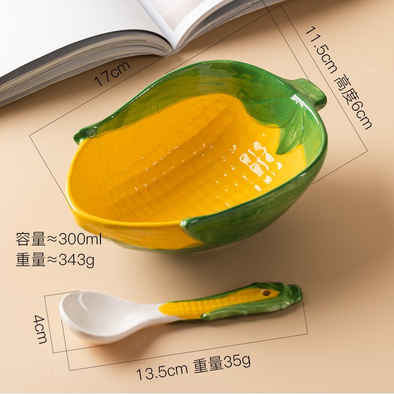 Bol à salade en céramique, européen dessin animé de fruits, bol à nouilles instantanées à la fraise, vaisselle de cuisine 350ML: G and spoon