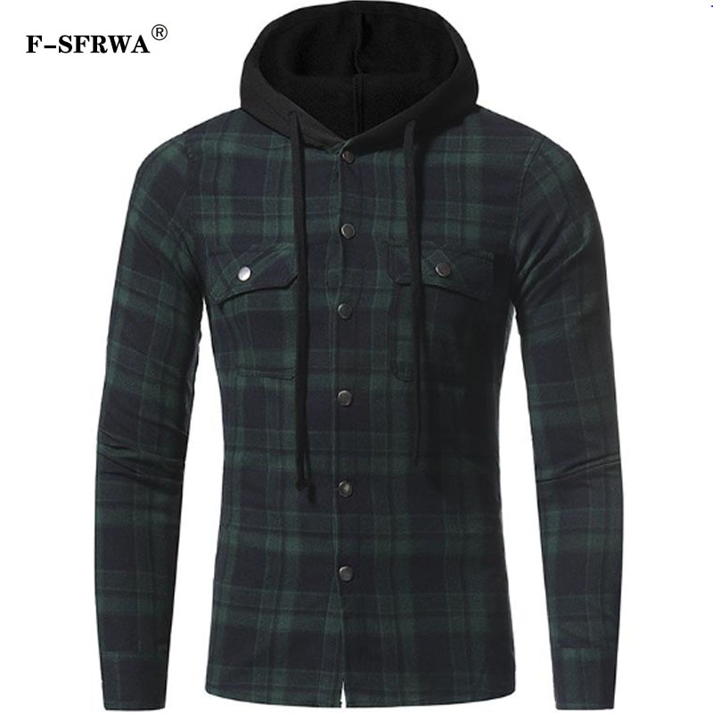 F-SFRWA Plaid Shirt Lente Shirts Mannen Casual Kleding Heren Shirt Lange Mouw Casual Rooster Hooded Camisa Sociale XXXL