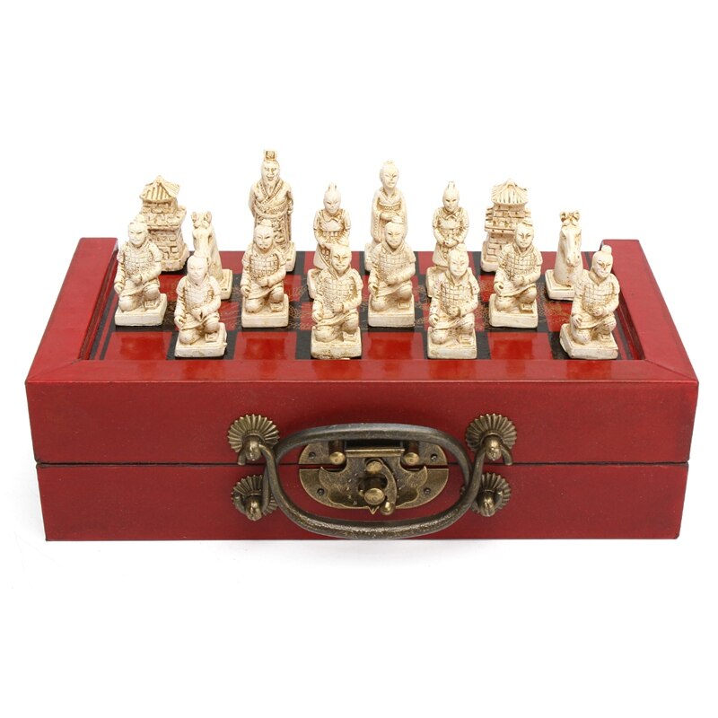 Caja de cuero de madera china con 32 piezas de figuras de terracota, juego de ajedrez, entretenimiento, Damas, juegos tradicionales