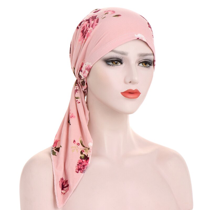 Kvinners muslimske hijab kreft chemo blomst utskrift lue turban lokk dekke hårtap hodeskjerf pakke inn pre-bundet hodeplagg strech bandana: Rosa