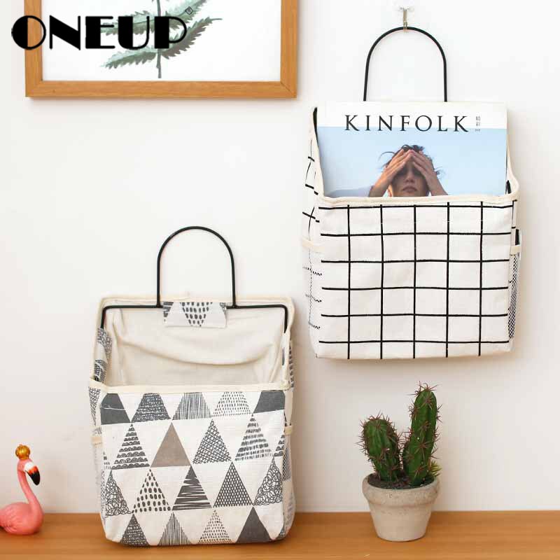 ONEUP Wall Hanging Storage Bags Cotton Linen Door Waterproof Bedroom Wall Hanging Home Office Books Sundries Organizer Bag
