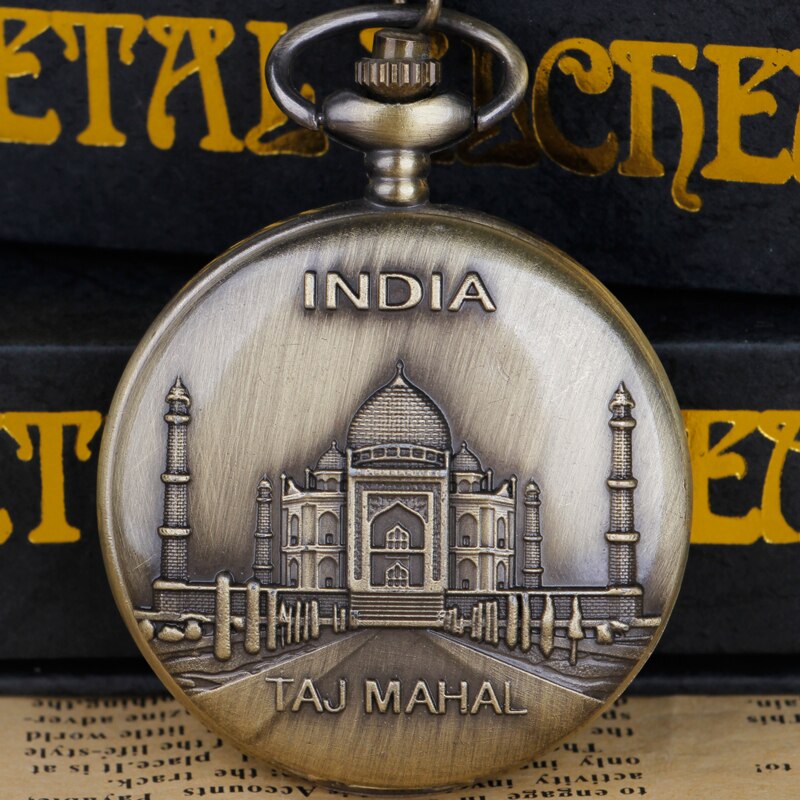 Exquisite India Taj Mahal Display Bronze Pocket Watch Quartz Necklace Pendant Clock Full Hunter with Fob Chain Souvenir