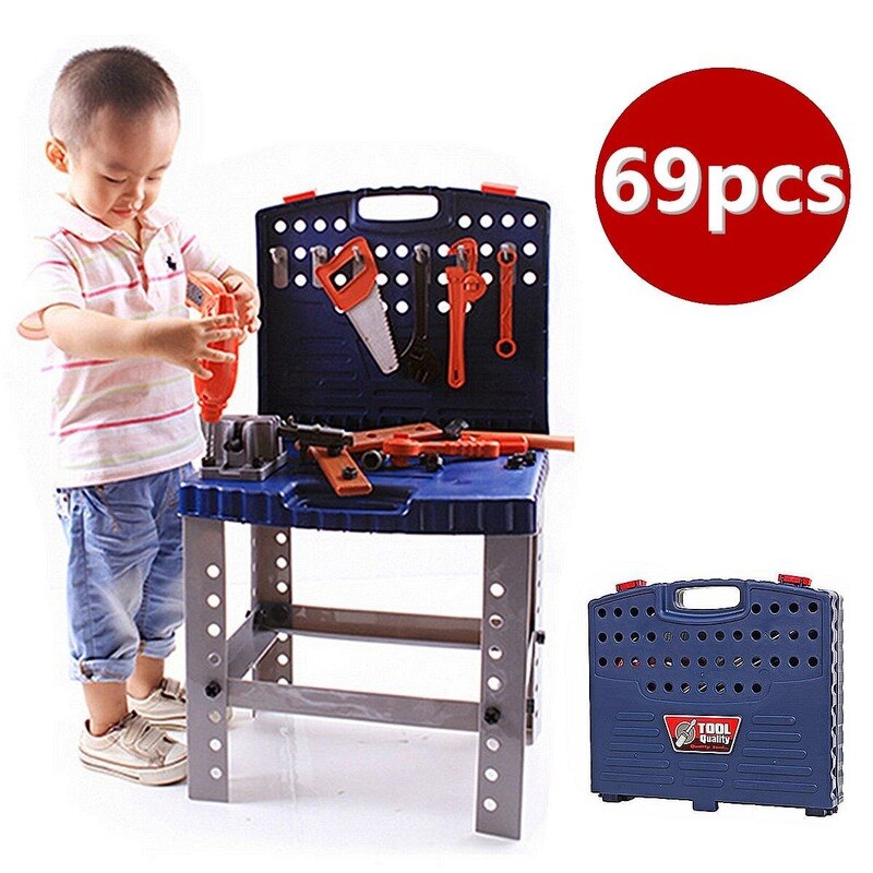 69Pcs Kinderen Tool Box Opvouwbare Werkbank Met Reparatie Tools Set Mutifunctional Kids Baby Rollenspel Speelgoed Plastic handgereedschap