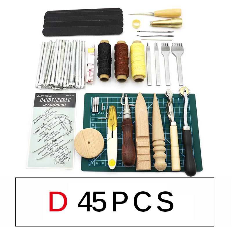 Leather Craft Tools Kit Hand Sewing Stitching Punch Carving Work Saddle Leathercraft Accessories 45/44/25/15PCS: D set 45PCS