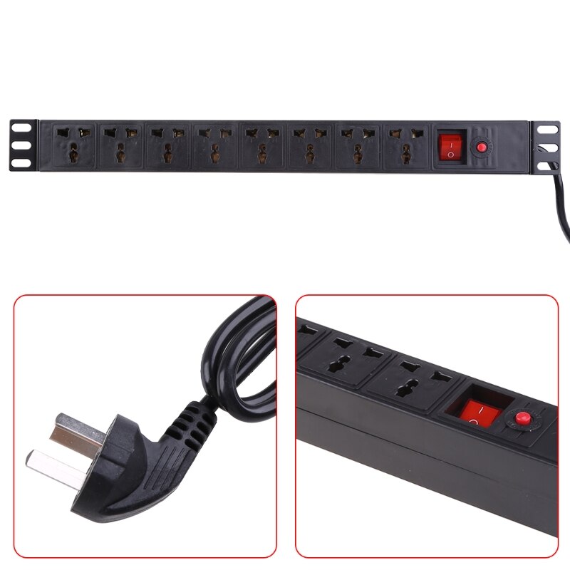 1U PDU 8 Outlet Metal Power Strip Surge Protector 250V 10A 2500W with Long Extension Cord for 19 inch Server Rack