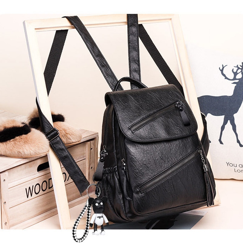 Vintage Kwasten Rugzak Vrouwen Retro Pu Leer Rugzak Grote Capaciteit Schooltas Voor Tiener Meisje Travel Bolsas: black
