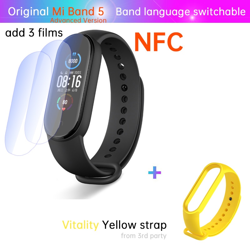 Xiaomi-Pulsera deportiva inteligente Mi Band 5 para mujer, monitor de salud, estándar o NFC, control de estrés, ritmo cardíaco, del sueño, contador de pasos, para deporte fitness y natación, incluye alarma: NFC n film yellow