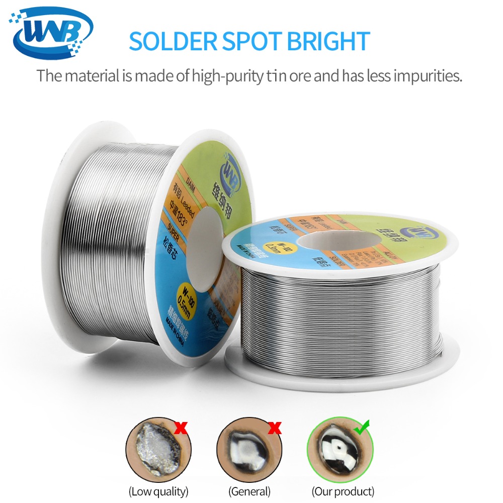 WNB 90g 0,3/0,4/0,5/0,6/0,8mm 63/37 núcleo de resina estaño plomo 183 grados fundir Alambre de soldar plateado fundente de soldadura 2.0% carrete de Cable de hierro