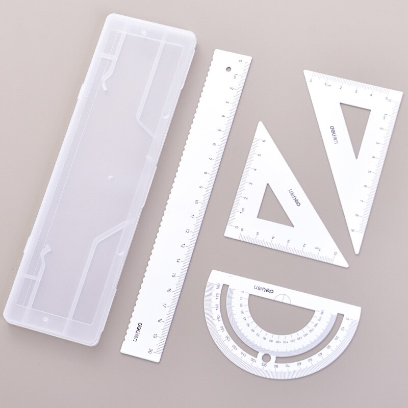 DELI Metal Ruler 20cm Set Stationery for Students Straightedge Triangle Ruler with Wave Line Protractor, Compass Triangle Plate: 20cm white