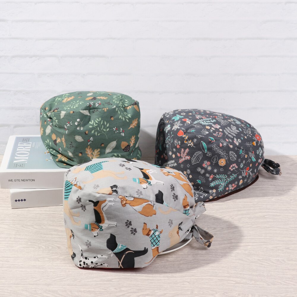 1PC Cotton Scrub Cap Adjustable Elastic Printing Hat Bouffant Head Cover Kitchen Hat With Sweatband Hair Accessories for Unisex