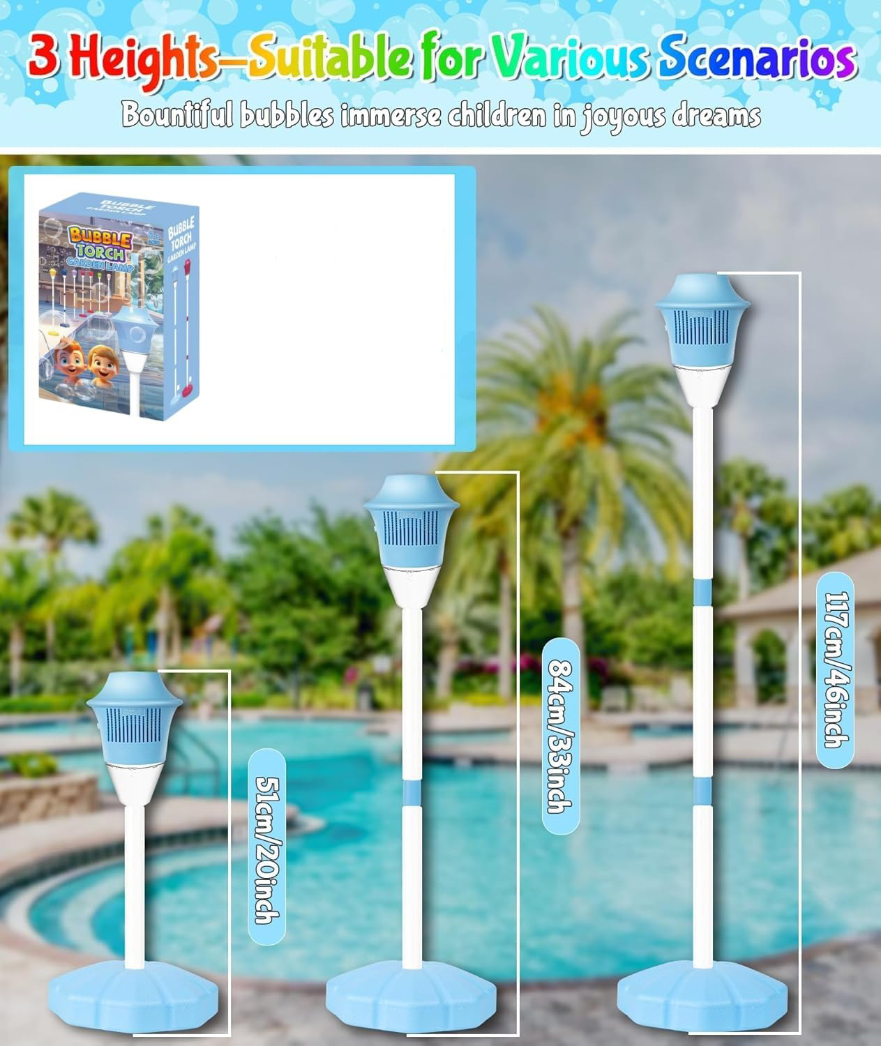 Bubble Torch Garden Lamp Rechargeable Adjustable Bubble Machine with Lights Music Auto Vertical Bubble Machine for Wedding